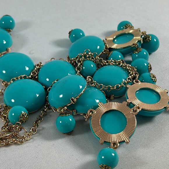 Faux Turquoise Bubble Plastic Beaded Bib Necklace Gold Tone Drop Statement - Picture 6 of 10